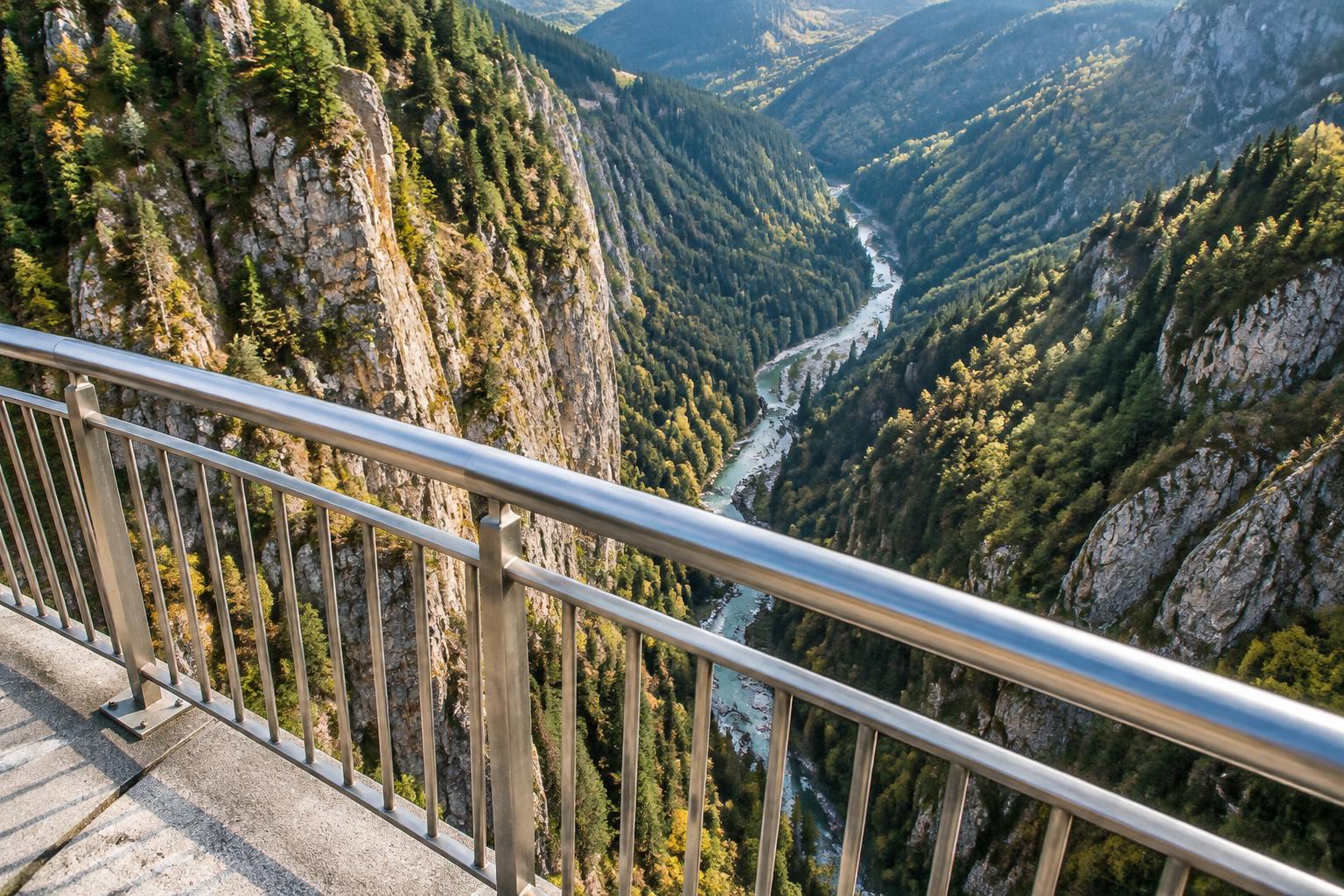 Rambarde d’un belvédère au-dessus d’une gorge profonde, avec une rivière en contrebas, illustrant la peur des hauteurs