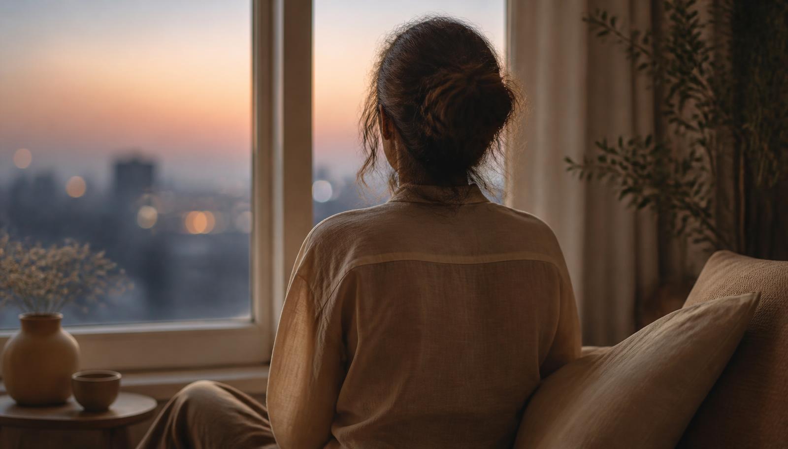 Personne assise près d'une fenêtre au crépuscule