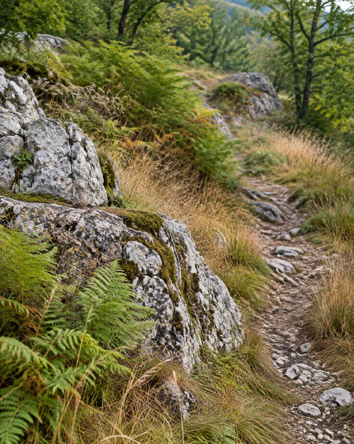 Roches calcaires et fougères le long d’un sentier, paysage illustratif