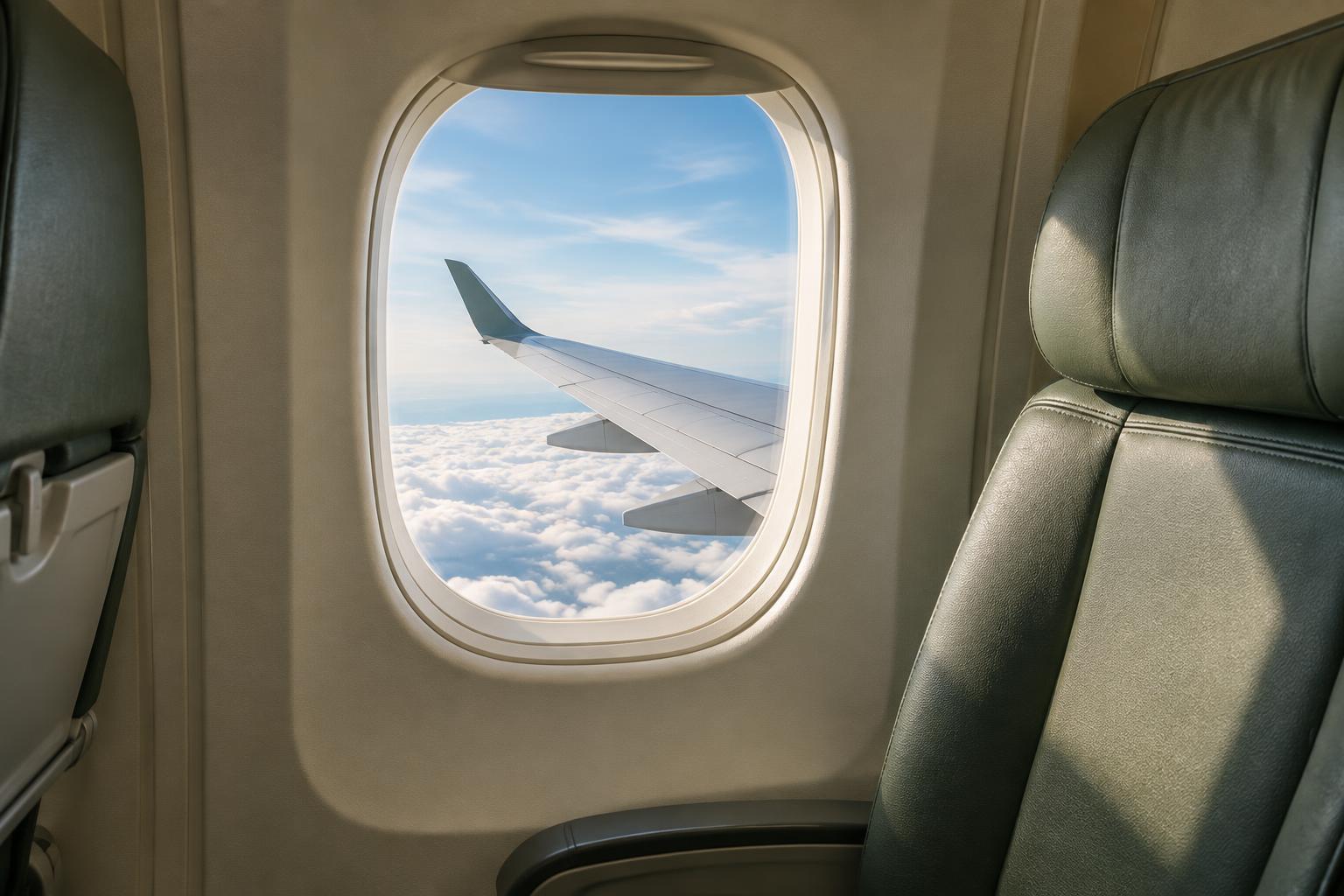 Hublot et siège d’un avion de ligne, avec l’aile visible au-dessus des nuages
