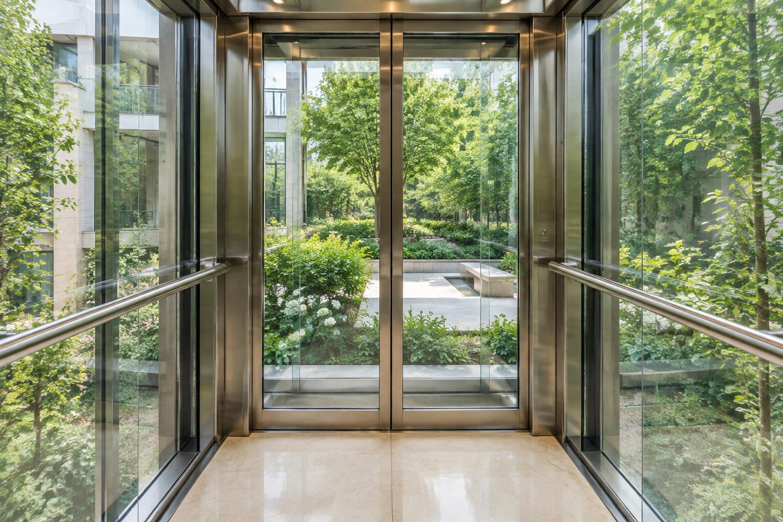 Ascenseur transparent en verre avec vue sur les arbres et le jardin à l’extérieur