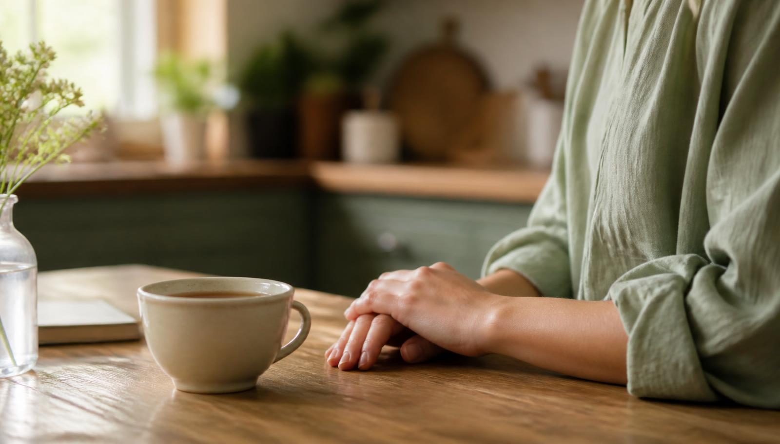 Mains posées calmement près d'une tasse sur une table de cuisine