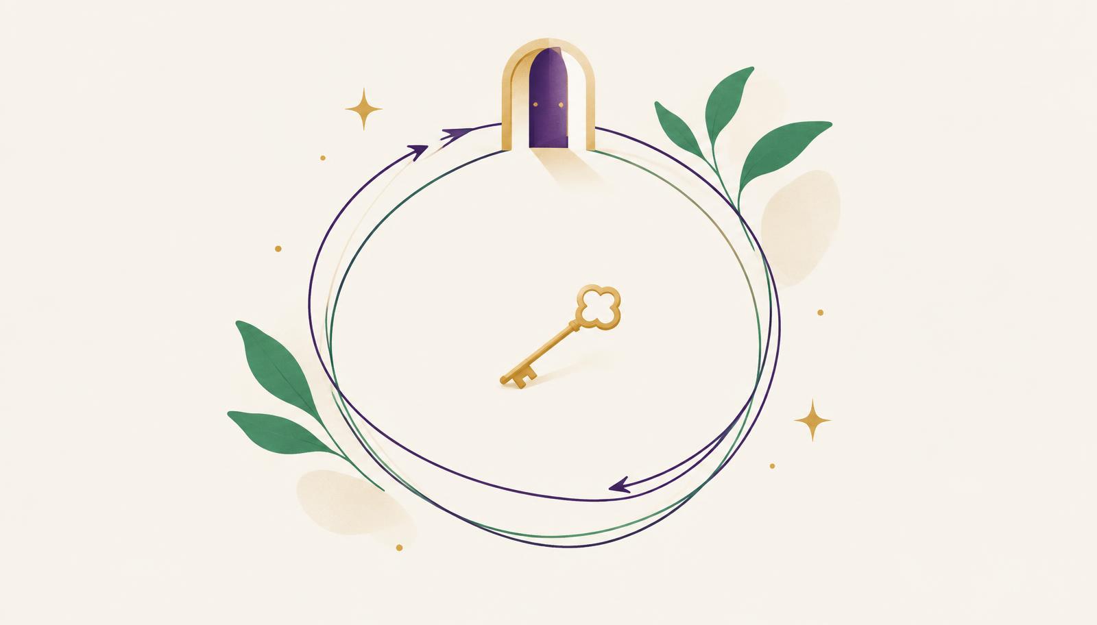 Illustration abstraite d'une boucle revenant sur elle-même, évoquant le retour du doute