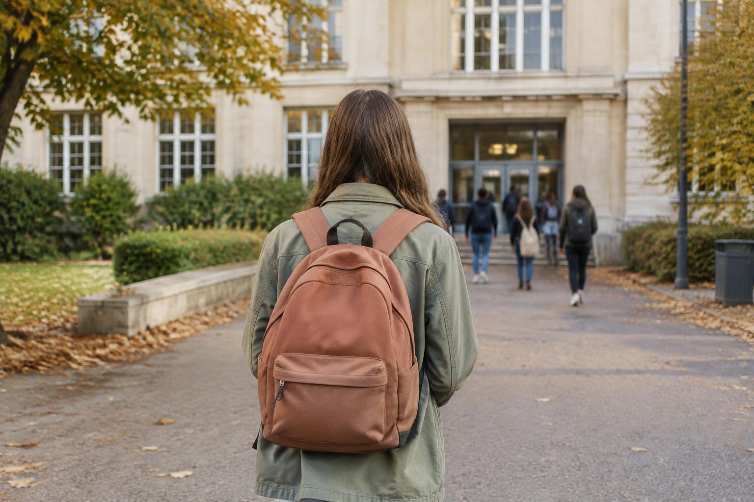 Adolescente vue de dos avec un sac à dos, devant l’entrée d’un établissement scolaire en automne