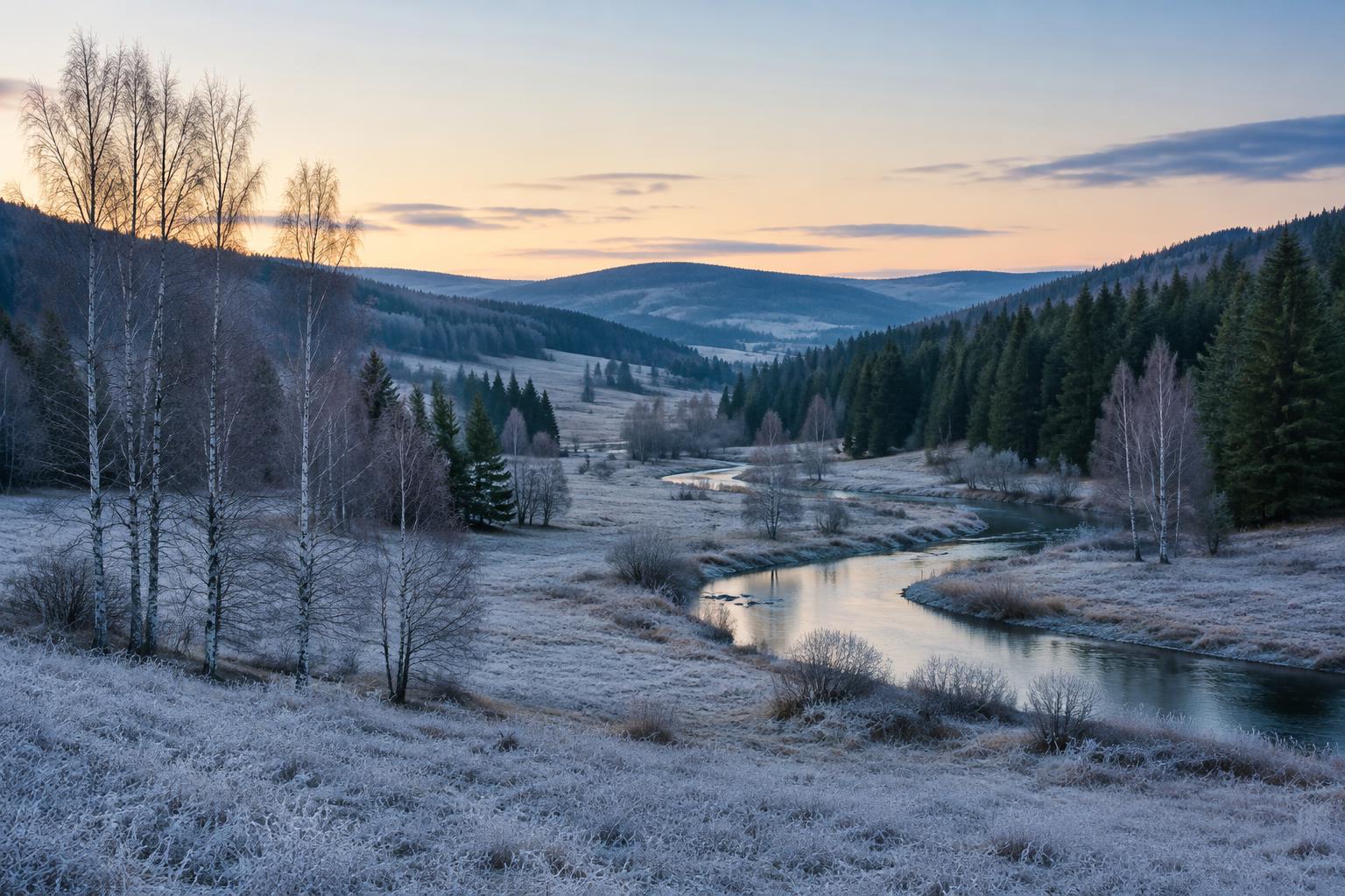 Vallée givrée, bouleaux et rivière à l'aube en hiver