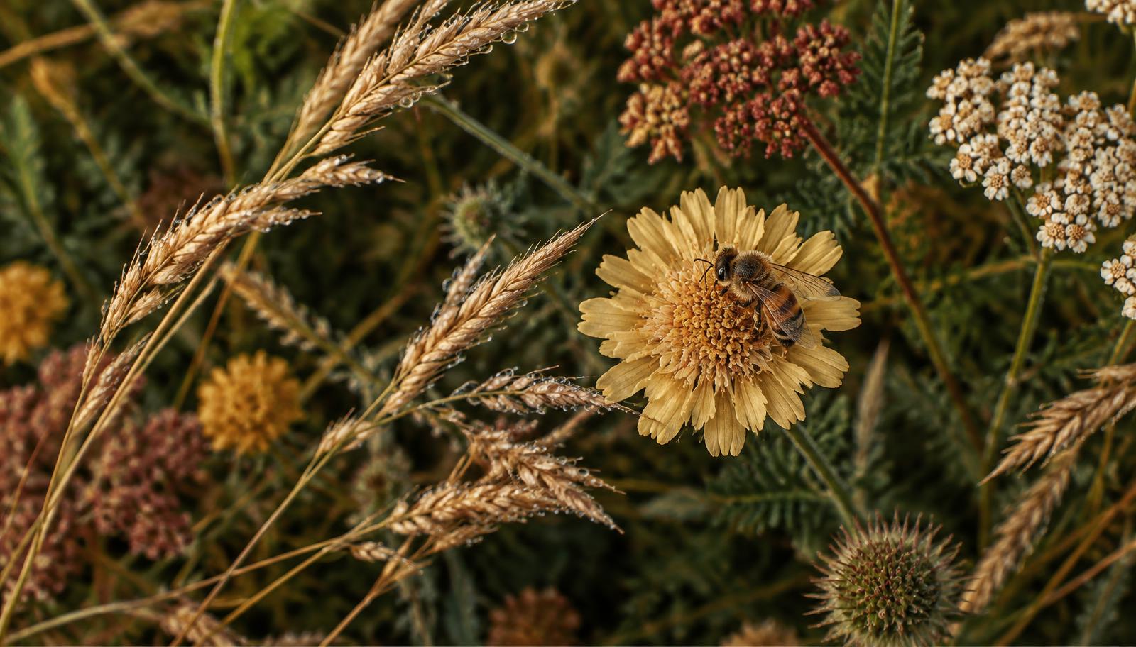 Abeille posée sur une fleur sauvage parmi des herbes dorées couvertes de rosée, vue macro